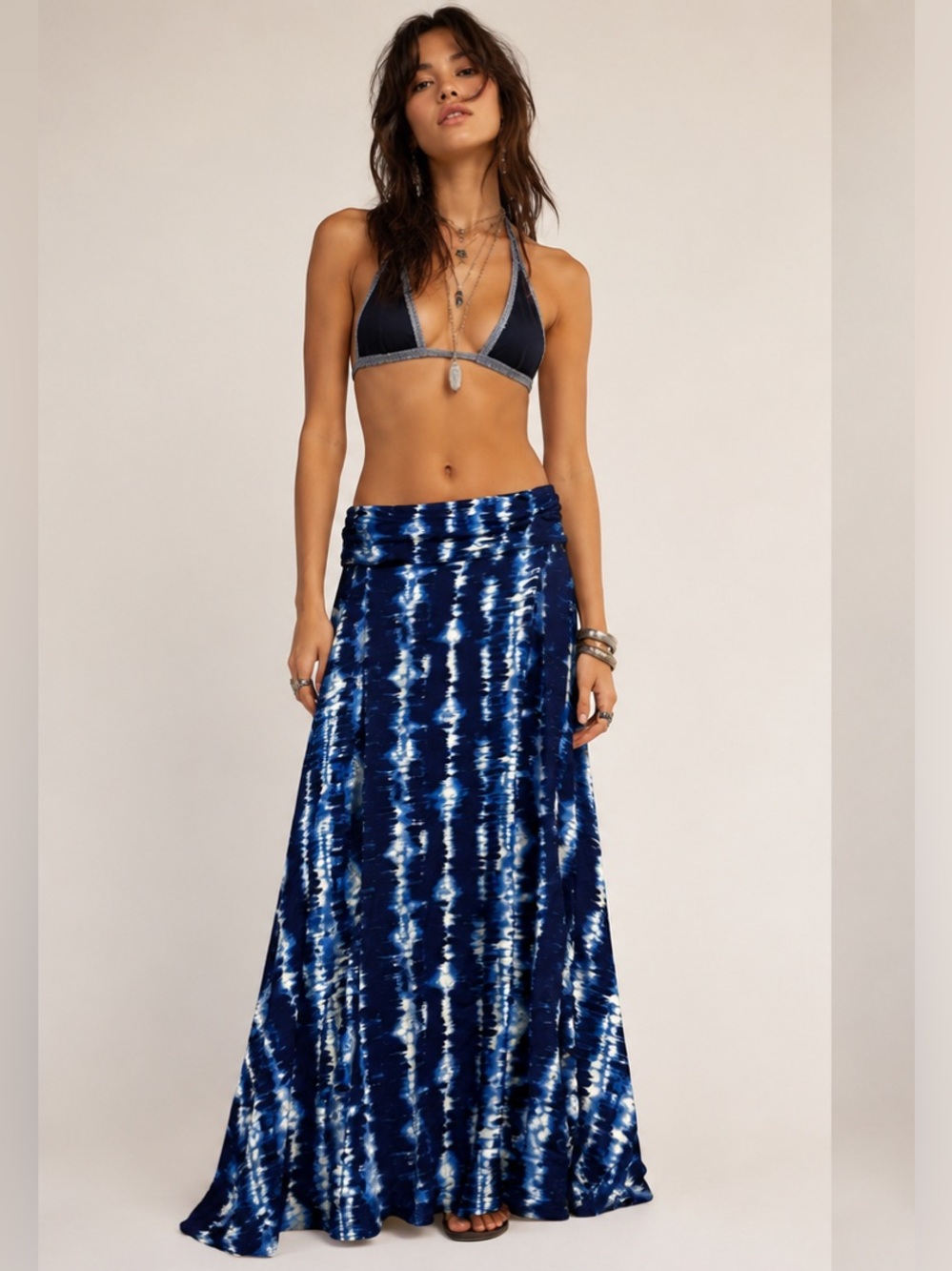 Mudd Y2K Bohemian Navy & White Fold Over Waist Tie-Dye Maxi Skirt Small